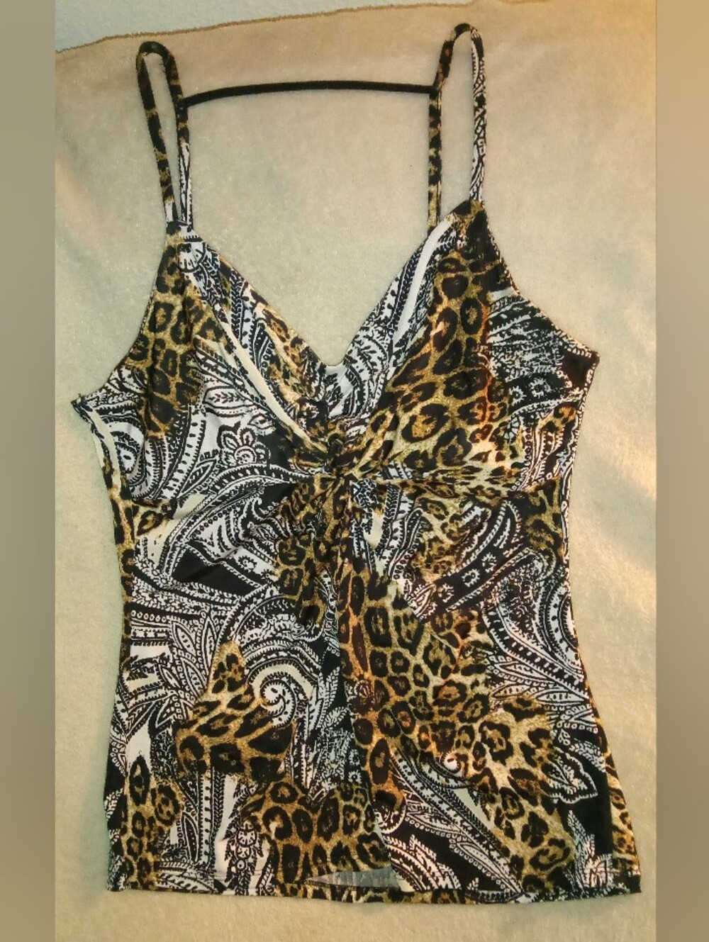 Vtg Y2K Caché Mixed Animal Leopard Paisley Twist Front Babydoll Top XS/S